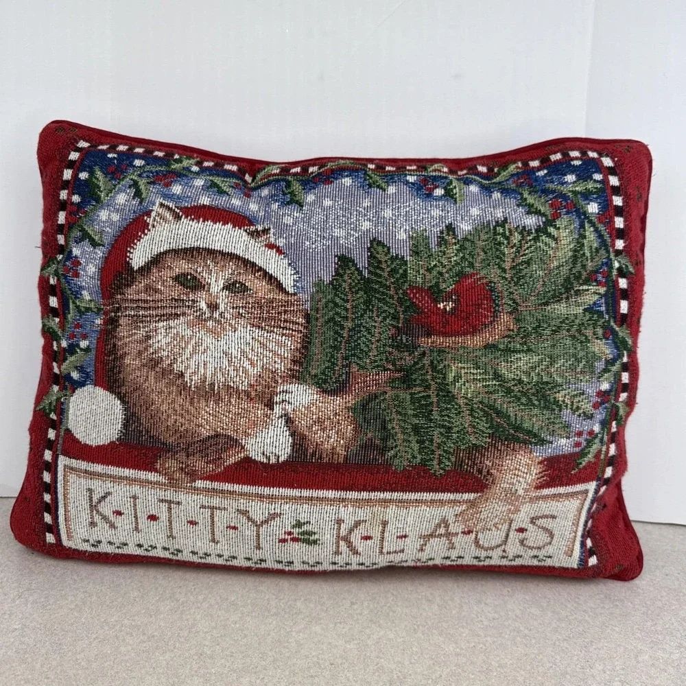 Vintage Embroidery Needlepoint Tapestry Christmas Kitty Klause Cat Red Pillow‎